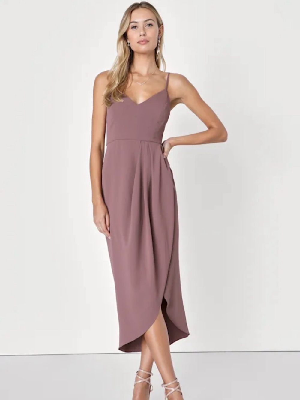Lulu's Dusty Mauve Spaghetti Strap Midi Bridesmaid Dress | Size M